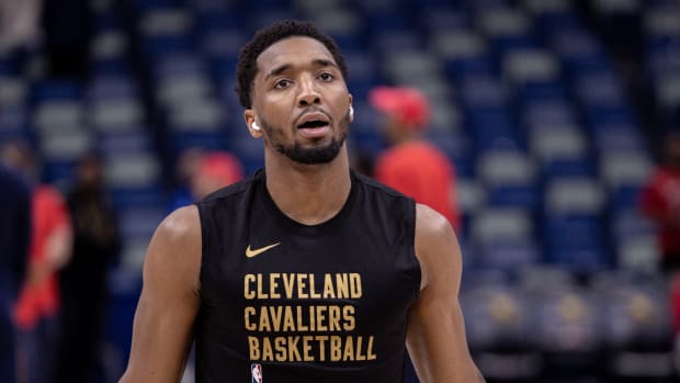 Mar 13, 2024; New Orleans, Louisiana, USA; Cleveland Cavaliers guard Donovan Mitchell (45) during warmups before the game against the New Orleans Pelicans at Smoothie King Center. Mandatory Credit: Stephen Lew-USA TODAY Sports